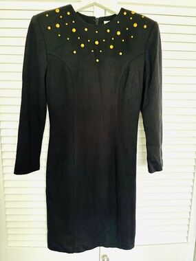 Vintage Sheri Martin Black Long-Sleeve Dress with Gold Stud Accents
